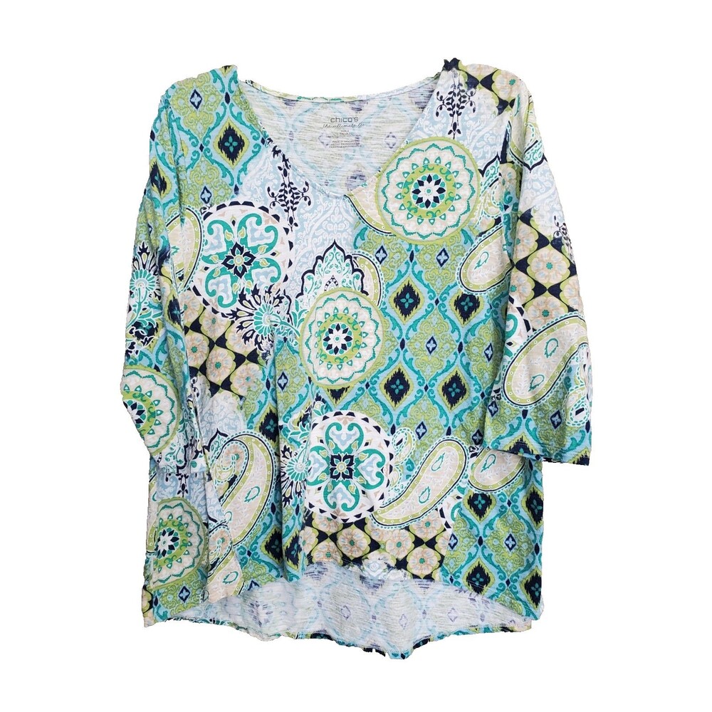Chico's Slub Knit Medallion Print High-Low Hem 3/4 Sleeve T-Shirt Size 2 Large